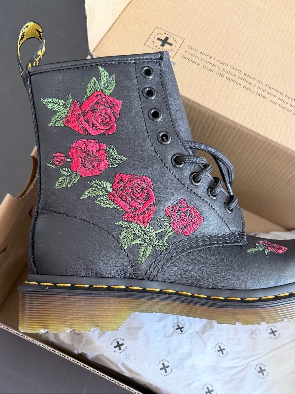 Dr. Martens Black Leather Lace-Up Boots with Red Rose Embroidery 🔥brand new 🔥